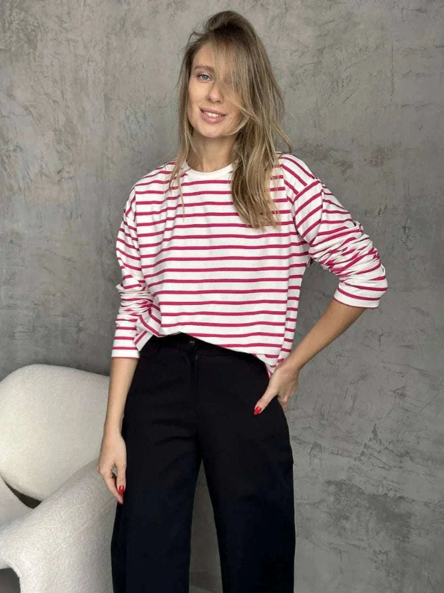 Women’s Striped Long Sleeve Cotton T-Shirt Loose Casual Fit-black / XL