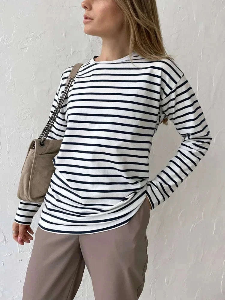 Women’s Striped Long Sleeve Cotton T-Shirt Loose Casual Fit-black / XL
