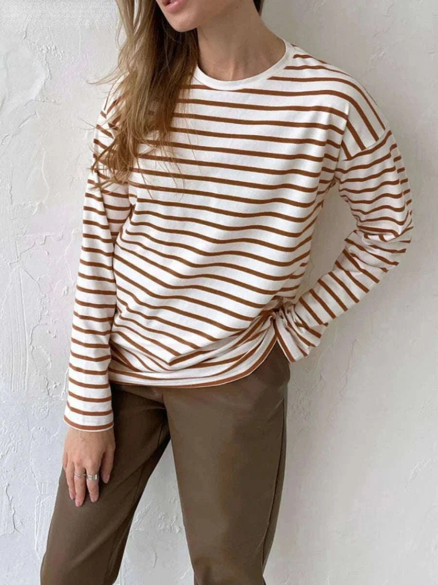 Women’s Striped Long Sleeve Cotton T-Shirt Loose Casual Fit-black / XL