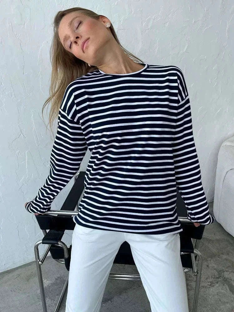 Women’s Striped Long Sleeve Cotton T-Shirt Loose Casual Fit-black / XL