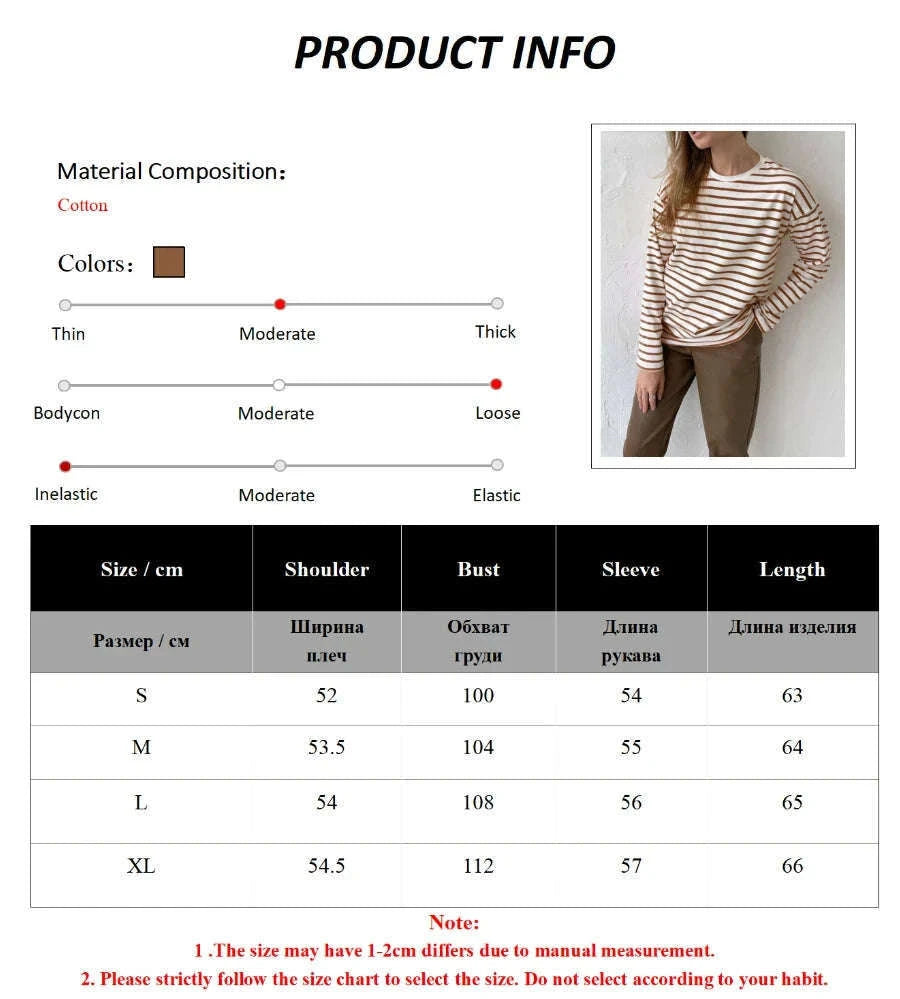 Women’s Striped Long Sleeve Cotton T-Shirt Loose Casual Fit-black / XL