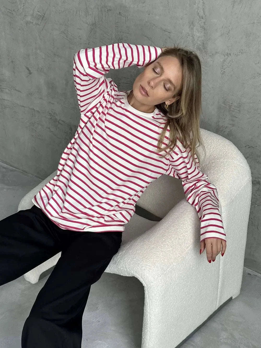 Women’s Striped Long Sleeve Cotton T-Shirt Loose Casual Fit-black / XL