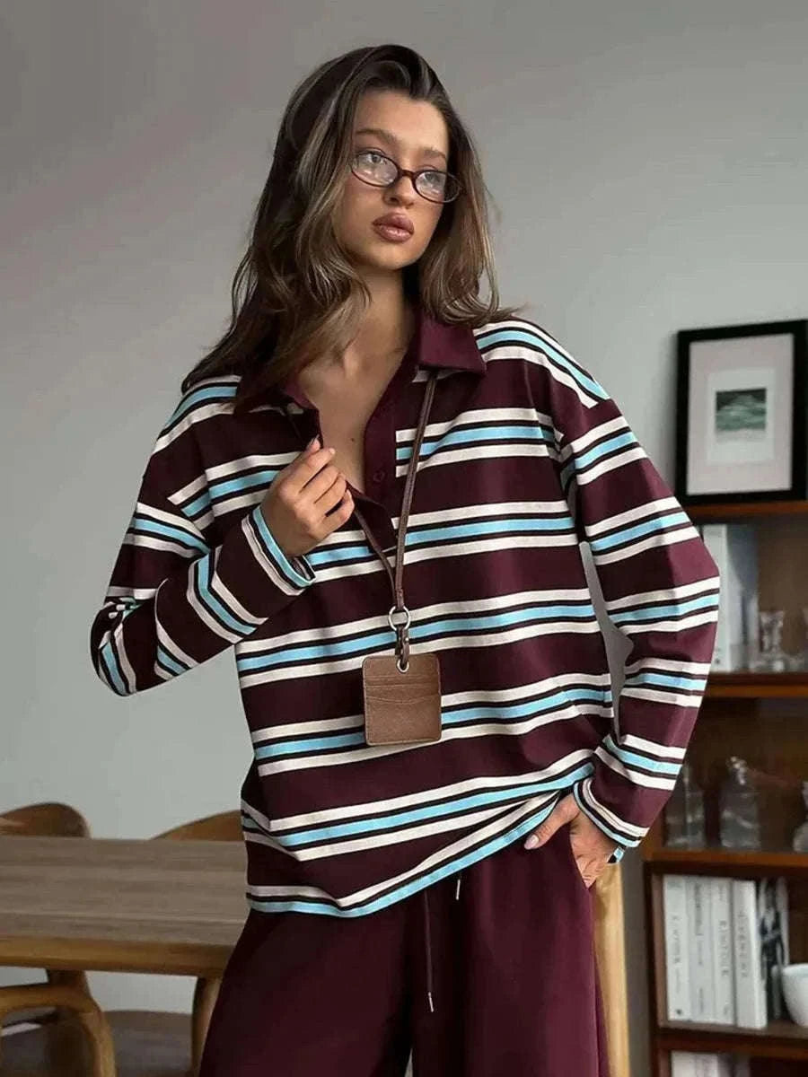 Women's Striped Oversized Polo Shirt Drop Shoulder Long Sleeve Tee-Pink / L