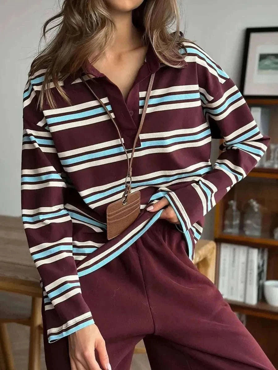 Women's Striped Oversized Polo Shirt Drop Shoulder Long Sleeve Tee-Pink / L