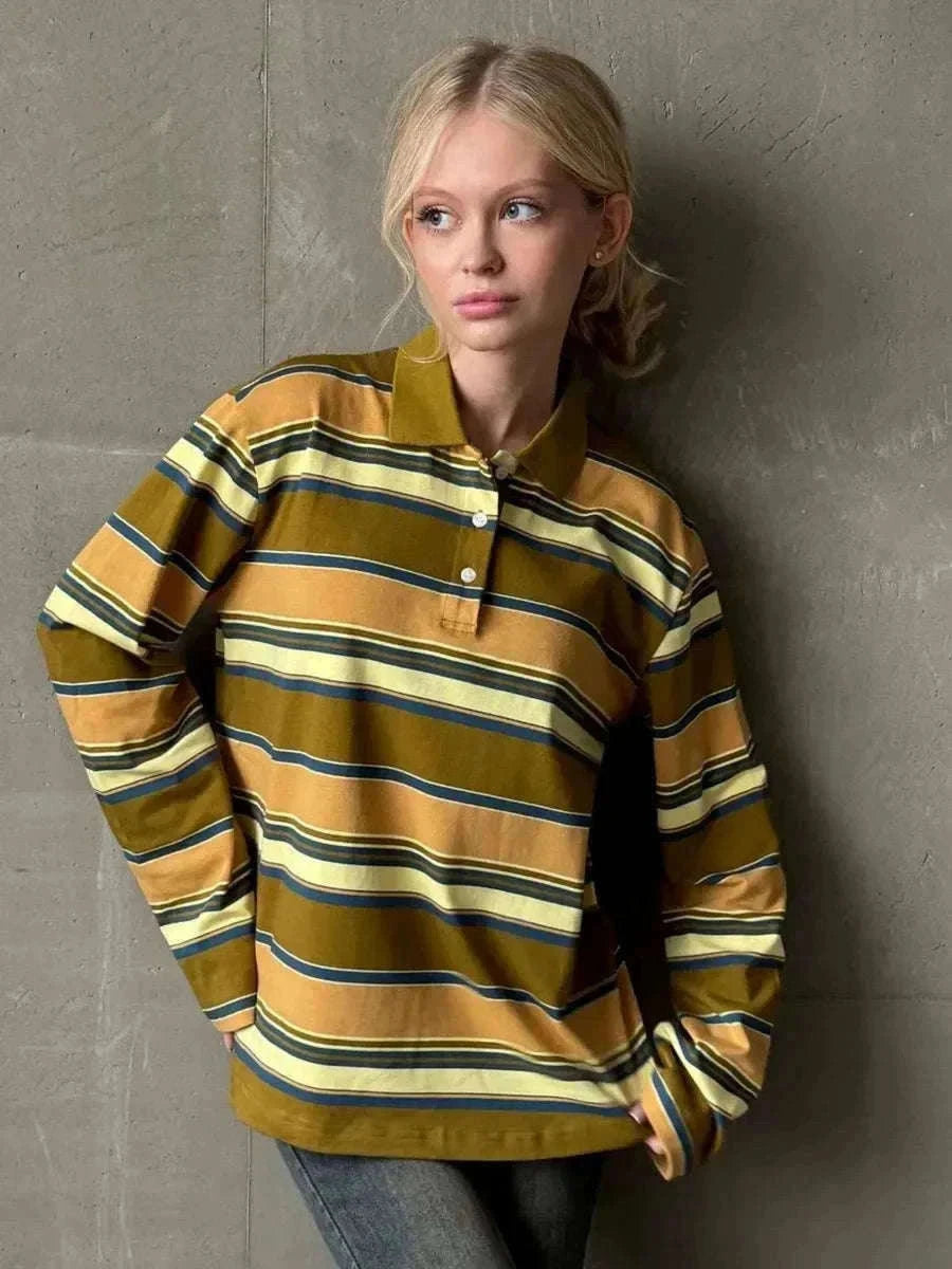 Women's Striped Oversized Polo Shirt Drop Shoulder Long Sleeve Tee-Pink / L