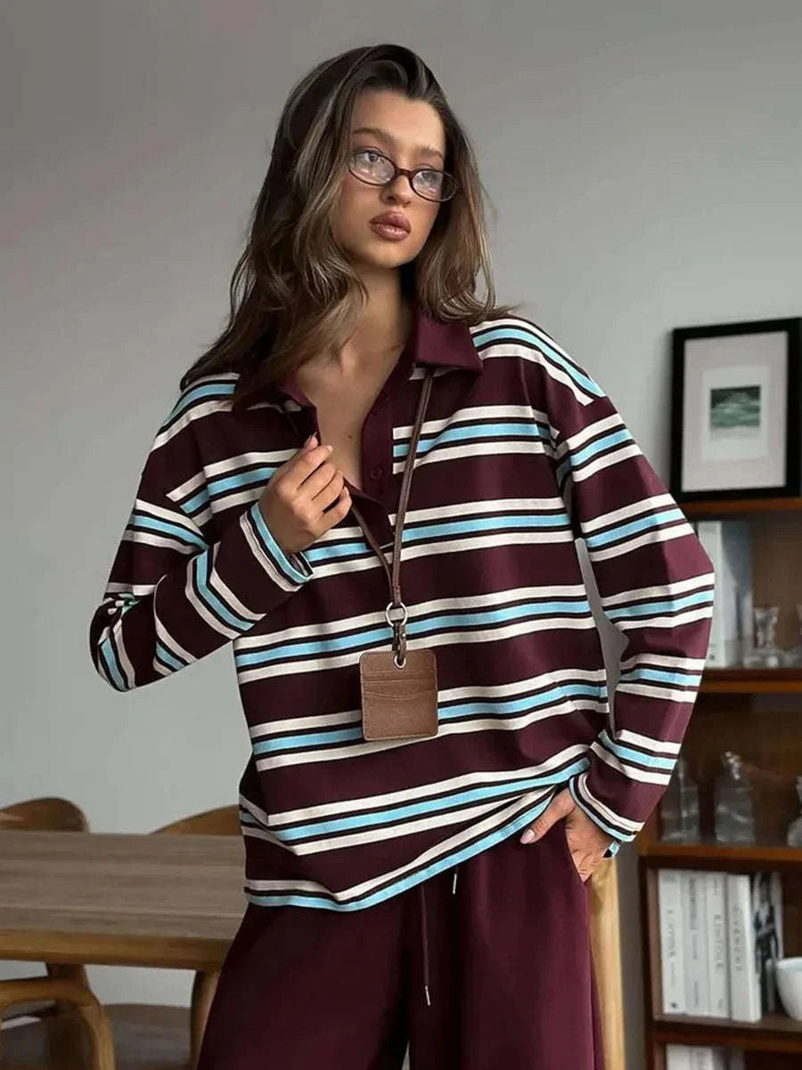 Women's Striped Oversized Polo Shirt Drop Shoulder Long Sleeve Tee-Pink / L