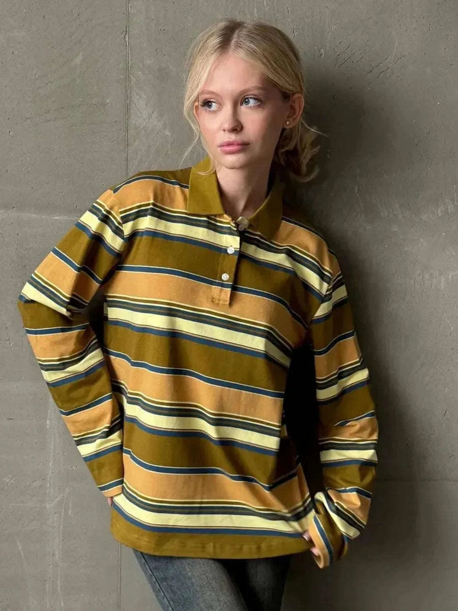 Women's Striped Oversized Polo Shirt Drop Shoulder Long Sleeve Tee-Pink / L