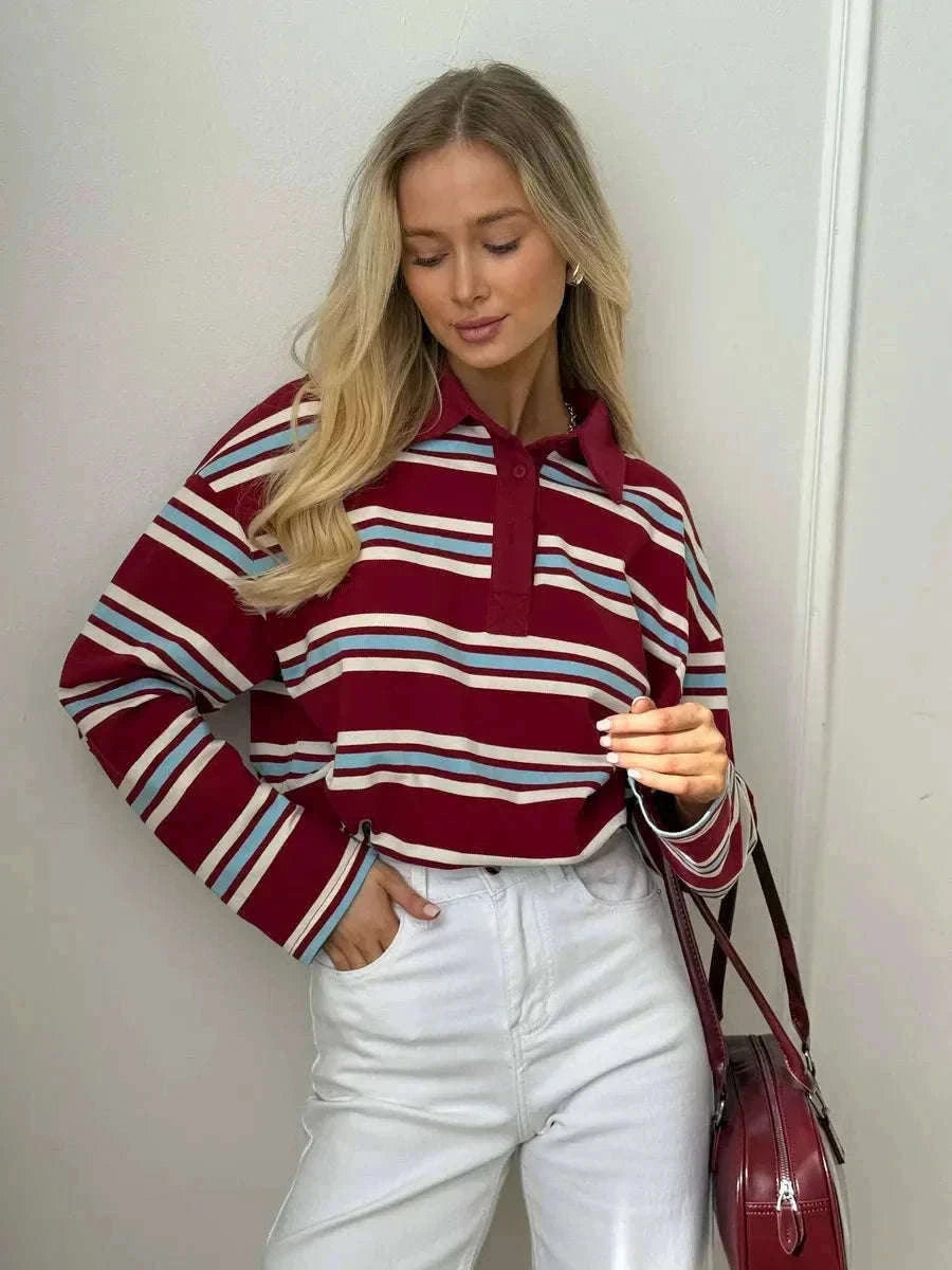 Women's Striped Oversized Polo Shirt Drop Shoulder Long Sleeve Tee-Pink / L