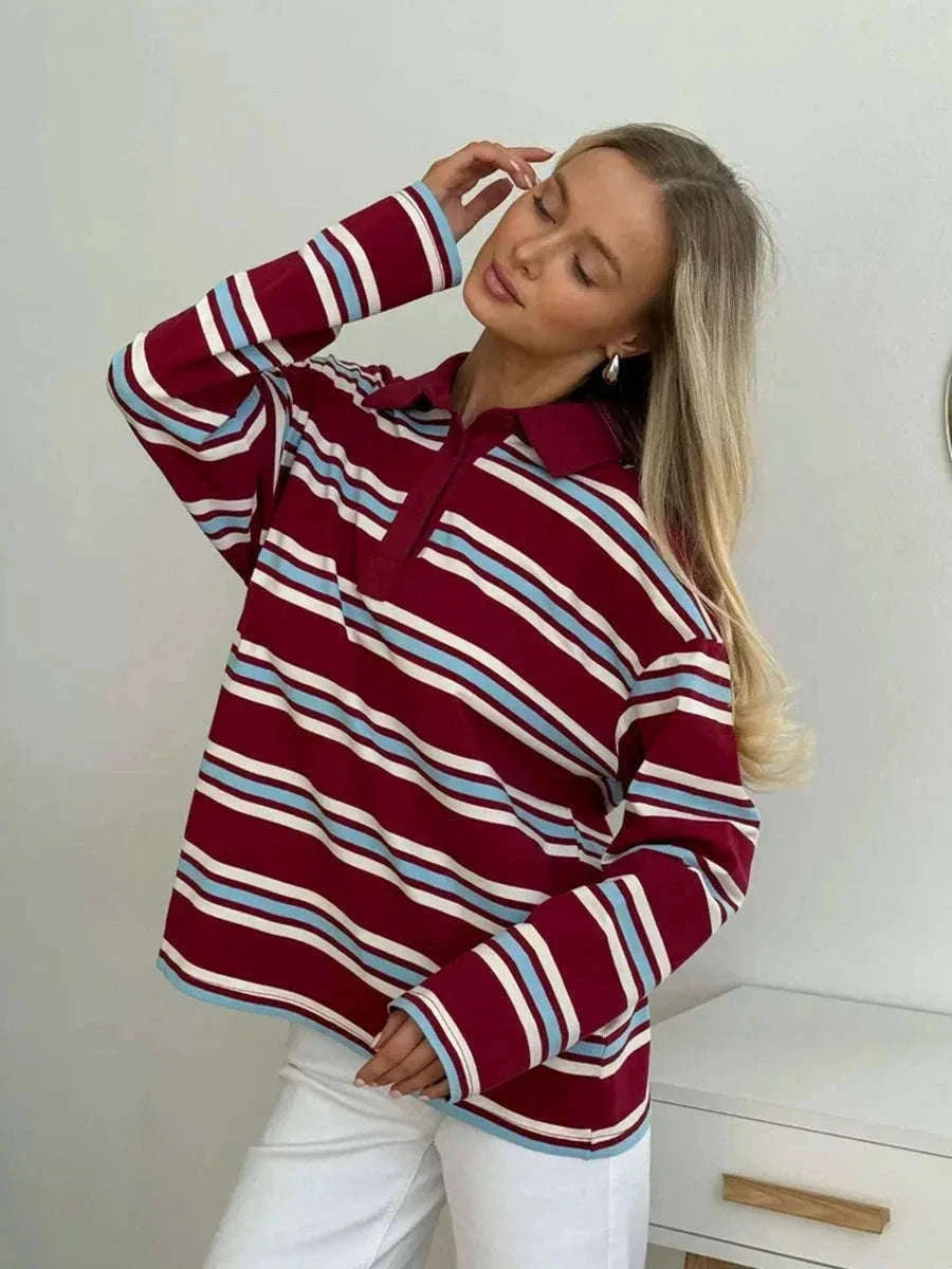 Women's Striped Oversized Polo Shirt Drop Shoulder Long Sleeve Tee-Pink / L