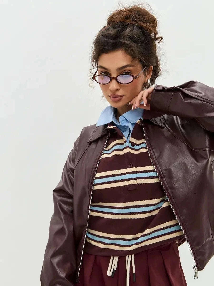Women's Striped Oversized Polo Shirt Drop Shoulder Long Sleeve Tee-Pink / L