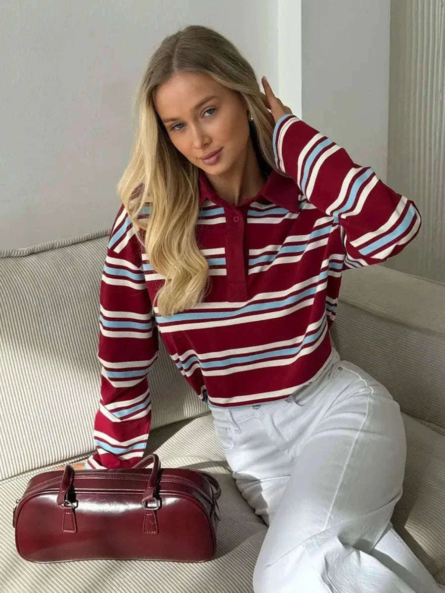 Women's Striped Oversized Polo Shirt Drop Shoulder Long Sleeve Tee-Pink / L