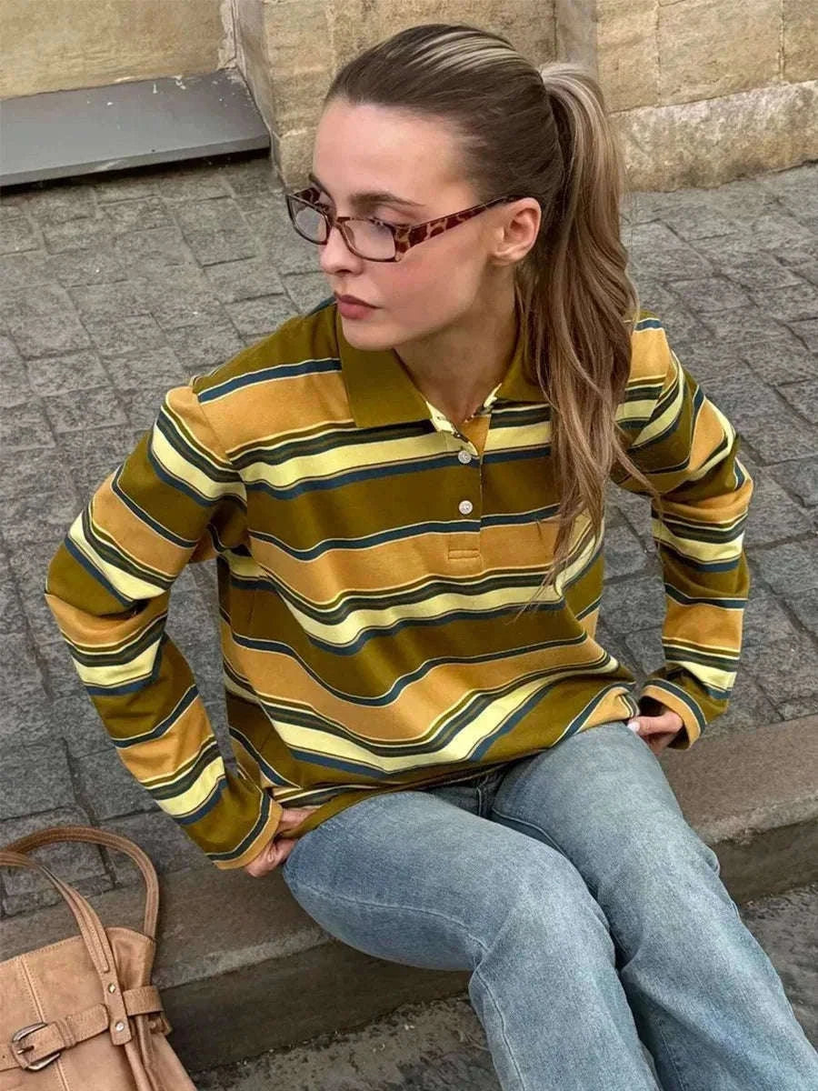 Women's Striped Oversized Polo Shirt Drop Shoulder Long Sleeve Tee-Pink / L