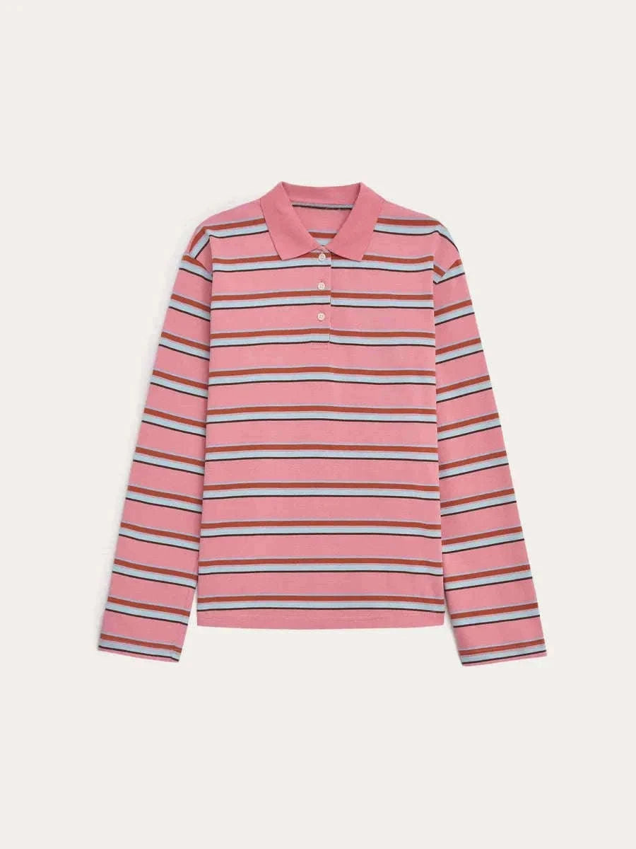 Women's Striped Oversized Polo Shirt Drop Shoulder Long Sleeve Tee-Pink / L