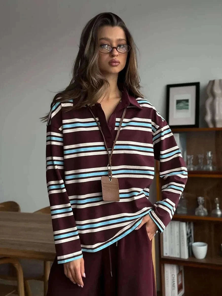 Women's Striped Oversized Polo Shirt Drop Shoulder Long Sleeve Tee-Pink / L