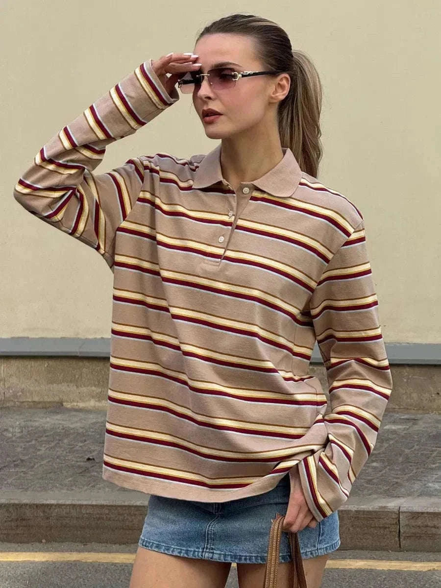 Women's Striped Oversized Polo Shirt Drop Shoulder Long Sleeve Tee-Pink / L