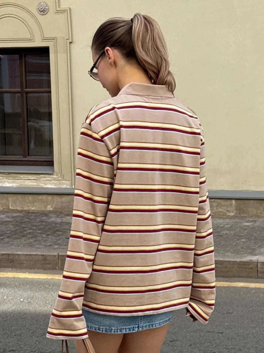 Women's Striped Oversized Polo Shirt Drop Shoulder Long Sleeve Tee-Pink / L