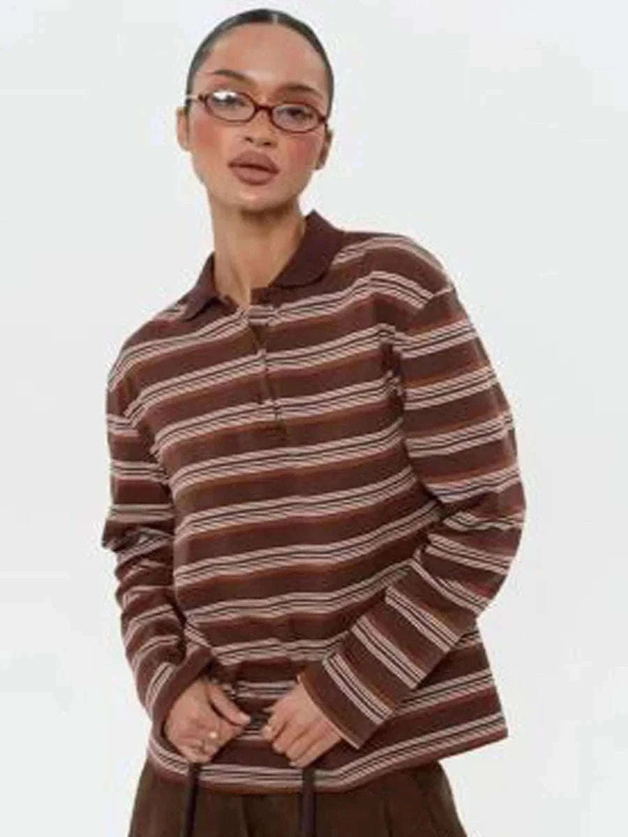 Women's Striped Oversized Polo Shirt Drop Shoulder Long Sleeve Tee-Pink / L