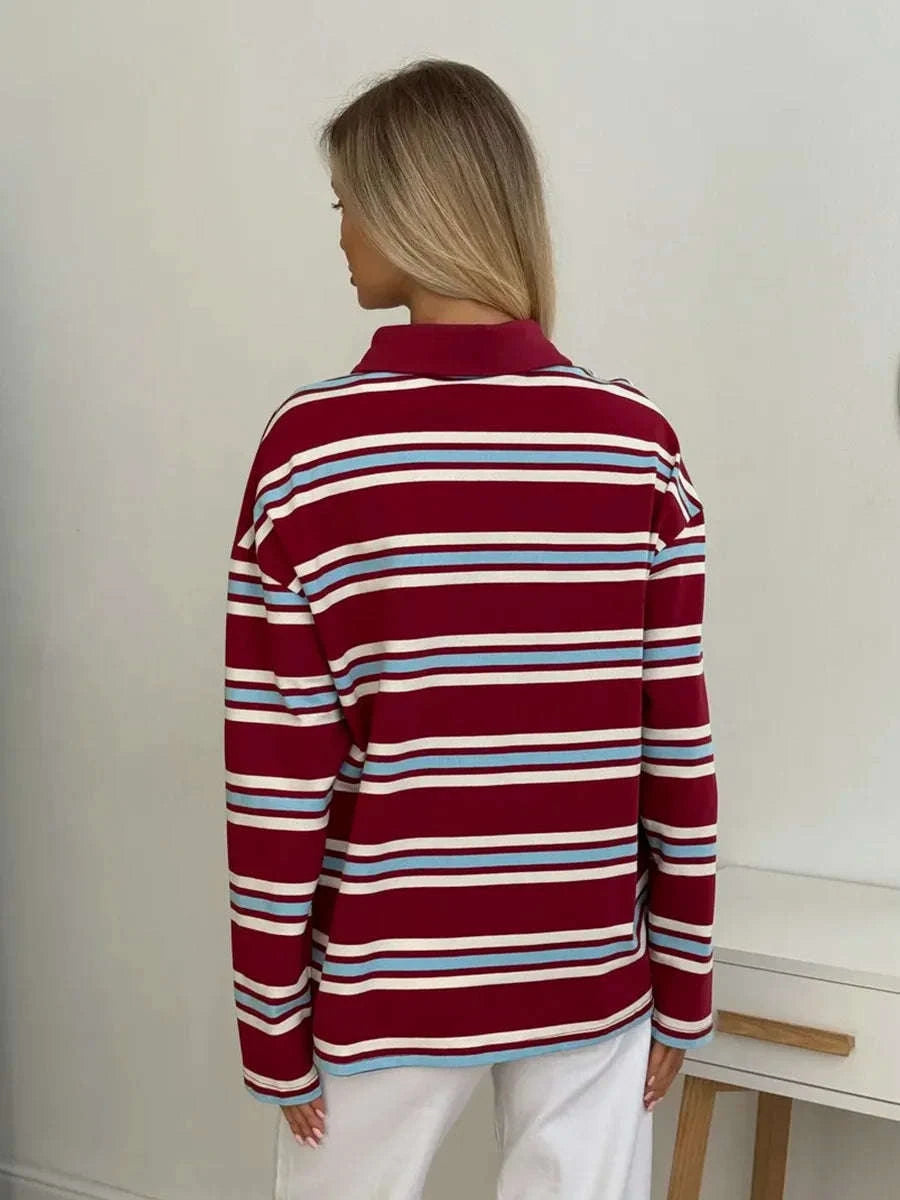 Women's Striped Oversized Polo Shirt Drop Shoulder Long Sleeve Tee-Pink / L