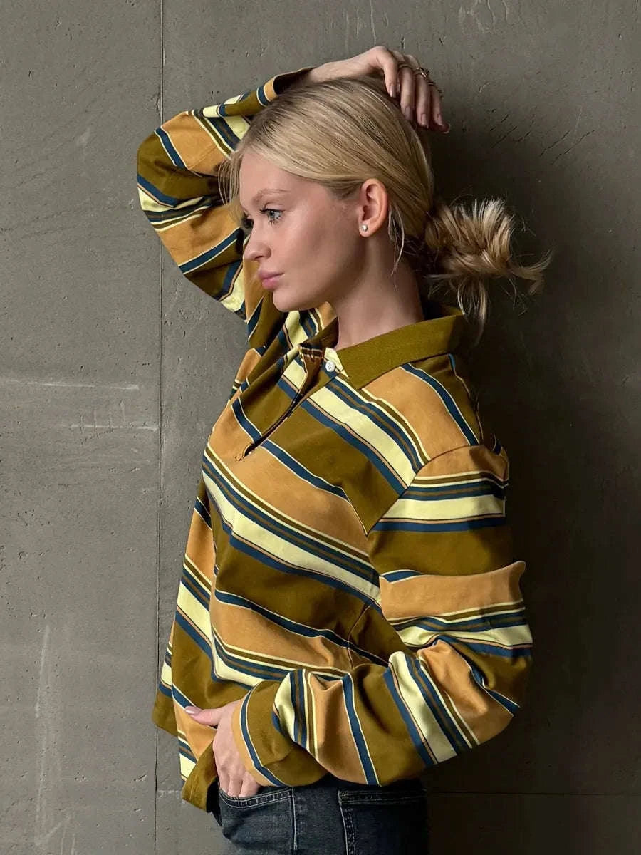 Women's Striped Oversized Polo Shirt Drop Shoulder Long Sleeve Tee-Pink / L