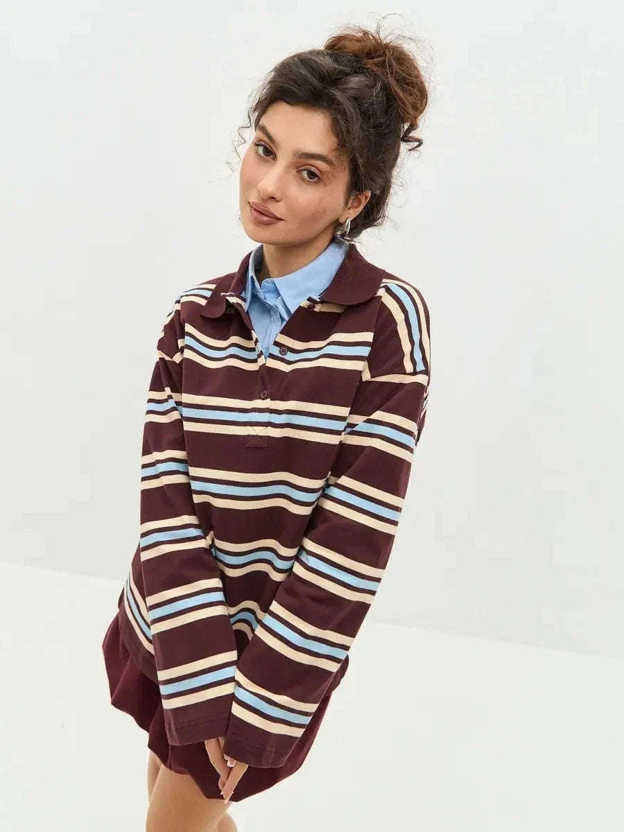 Women's Striped Oversized Polo Shirt Drop Shoulder Long Sleeve Tee-Pink / L