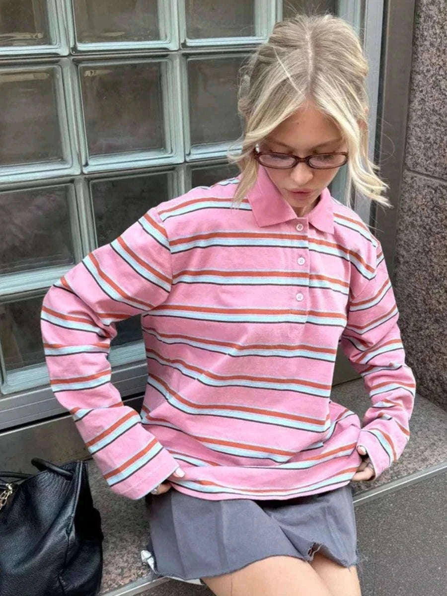 Women's Striped Oversized Polo Shirt Drop Shoulder Long Sleeve Tee-Pink / L