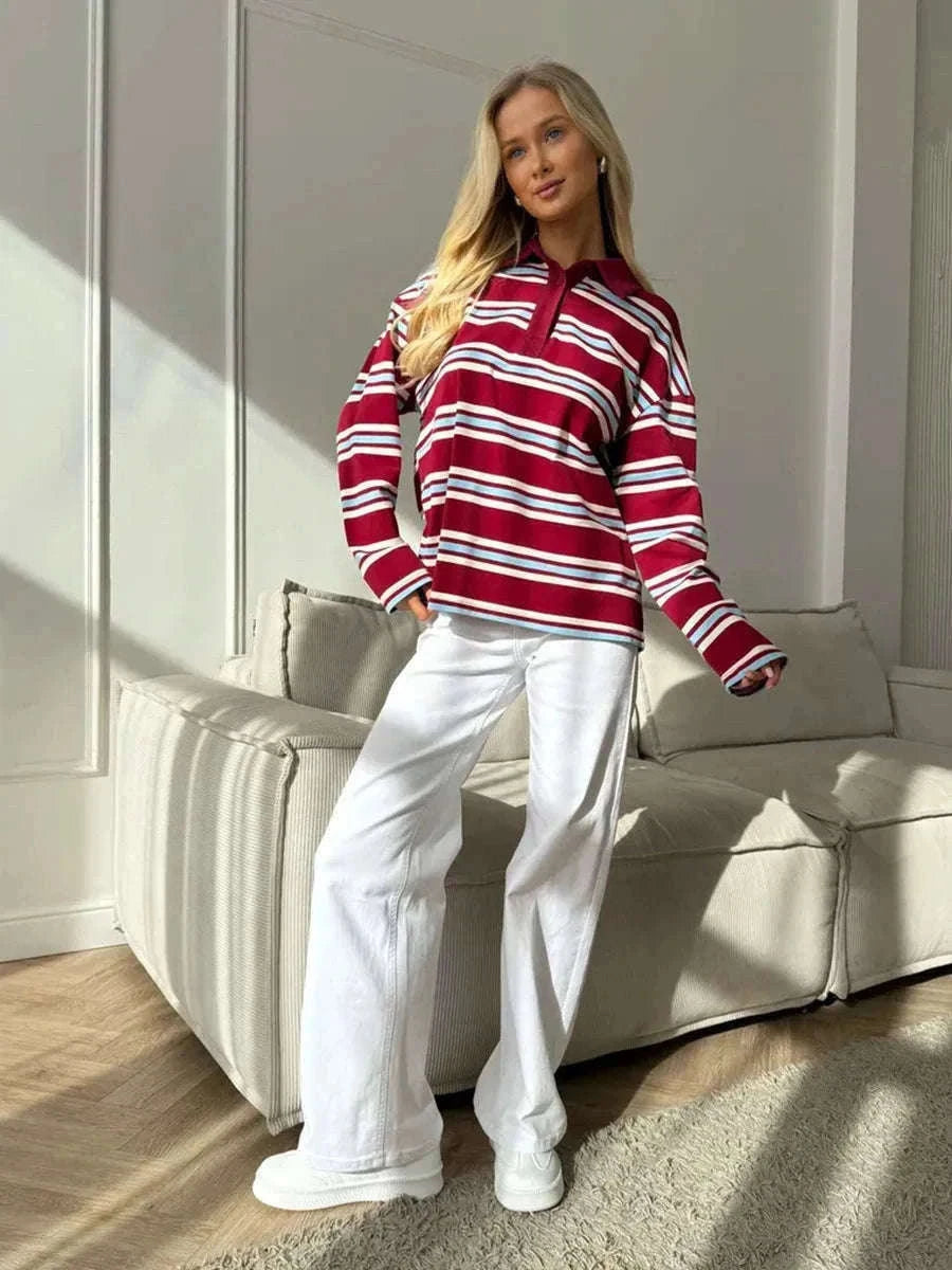 Women's Striped Oversized Polo Shirt Drop Shoulder Long Sleeve Tee-Pink / L