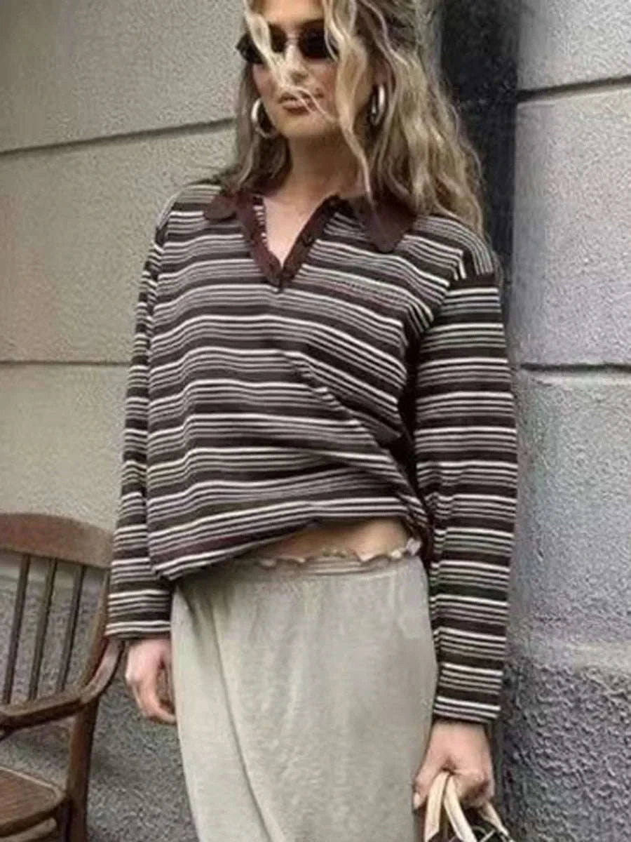 Women's Striped Oversized Polo Shirt Drop Shoulder Long Sleeve Tee-Pink / L