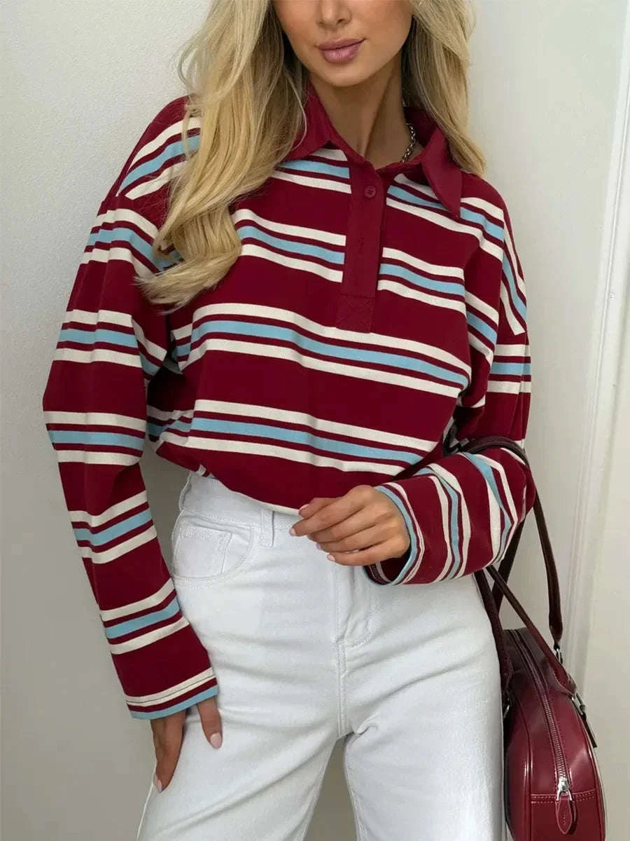 Women's Striped Oversized Polo Shirt Drop Shoulder Long Sleeve Tee-Pink / L