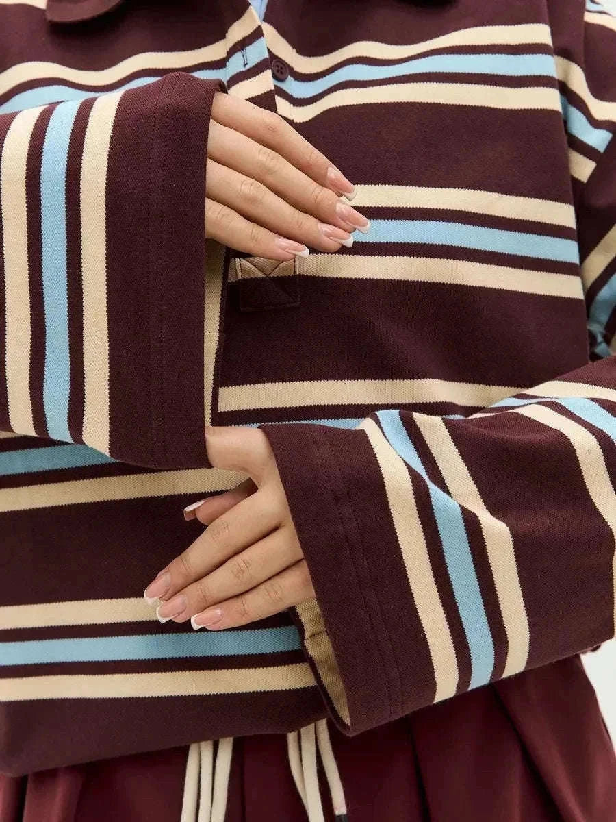 Women's Striped Oversized Polo Shirt Drop Shoulder Long Sleeve Tee-Pink / L