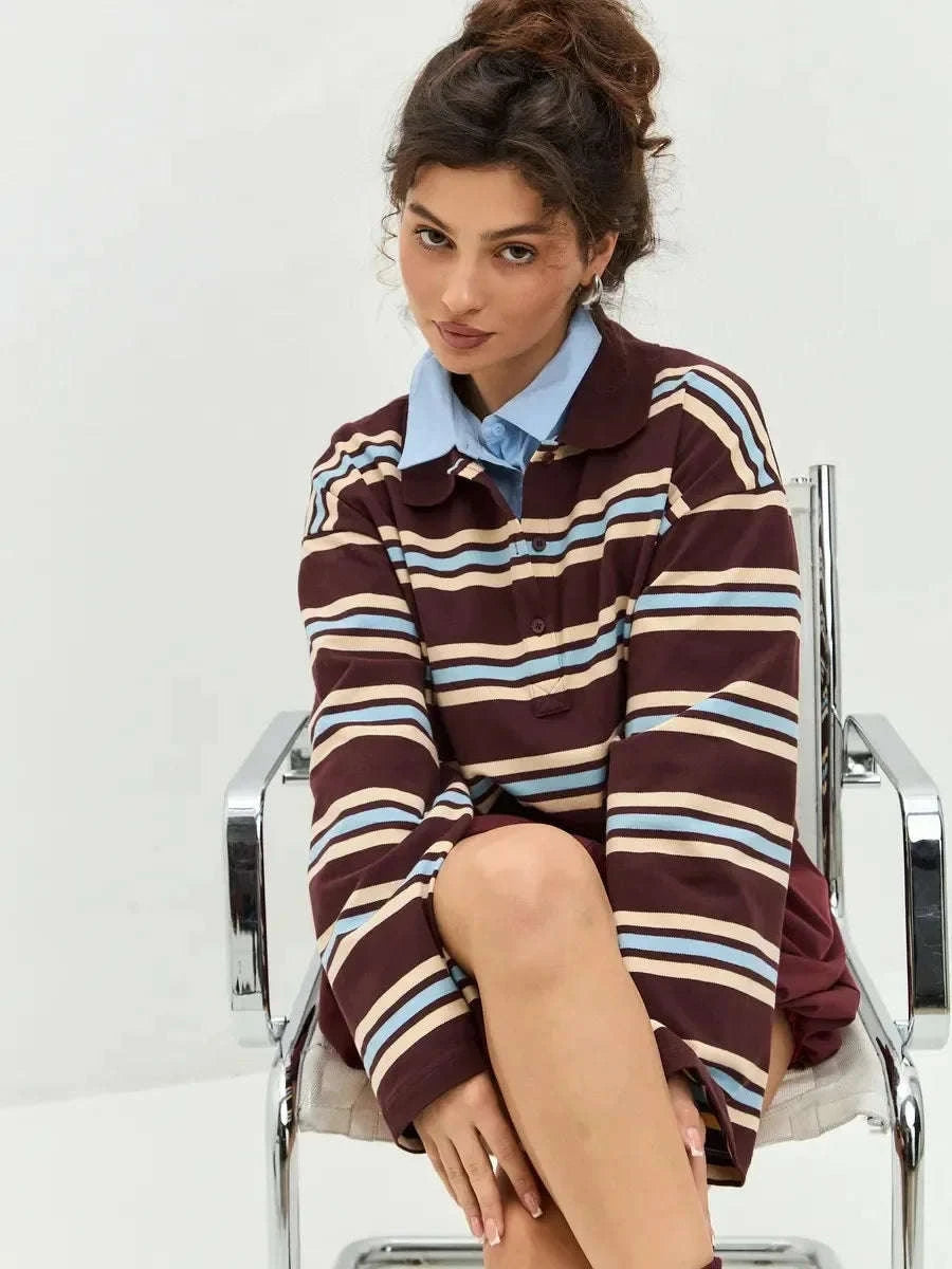 Women's Striped Oversized Polo Shirt Drop Shoulder Long Sleeve Tee-Pink / L