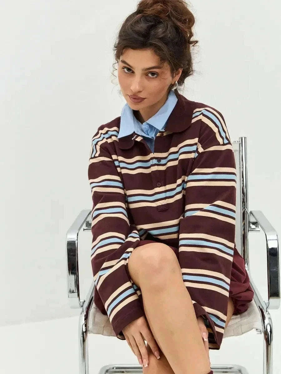 Women's Striped Oversized Polo Shirt Drop Shoulder Long Sleeve Tee-Pink / L