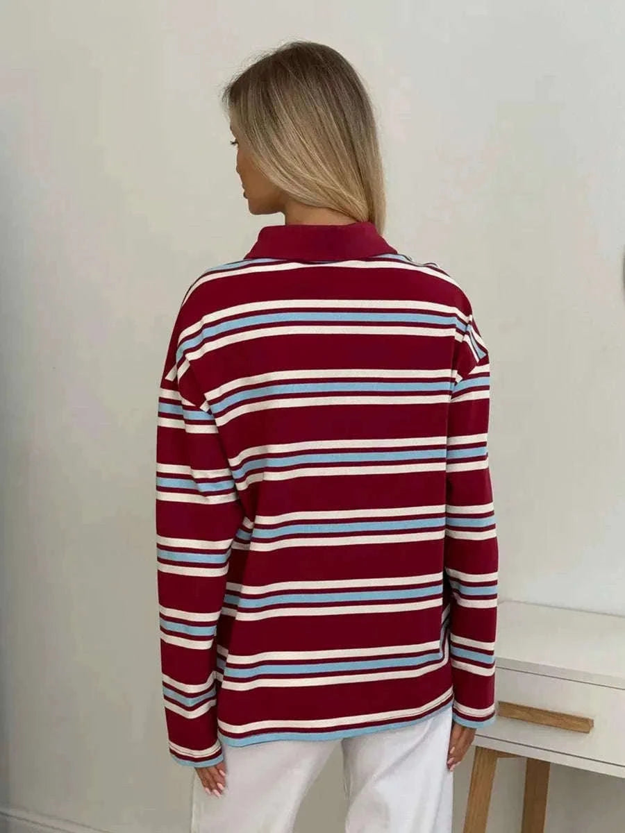 Women's Striped Oversized Polo Shirt Drop Shoulder Long Sleeve Tee-Pink / L