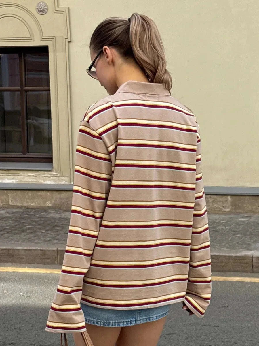 Women's Striped Oversized Polo Shirt Drop Shoulder Long Sleeve Tee-Pink / L