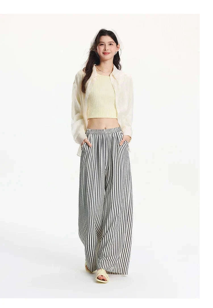 Women’s Striped Wide Leg Pants with Elastic Waist for Easy Summer Style-blue / M / China Mainland