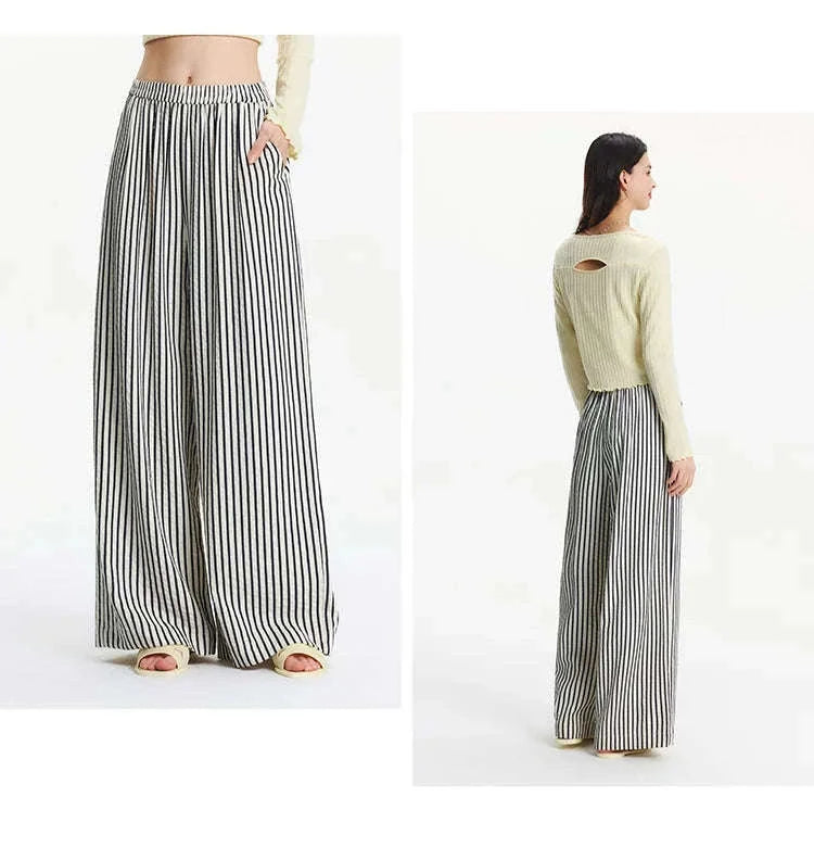 Women’s Striped Wide Leg Pants with Elastic Waist for Easy Summer Style-blue / M / China Mainland