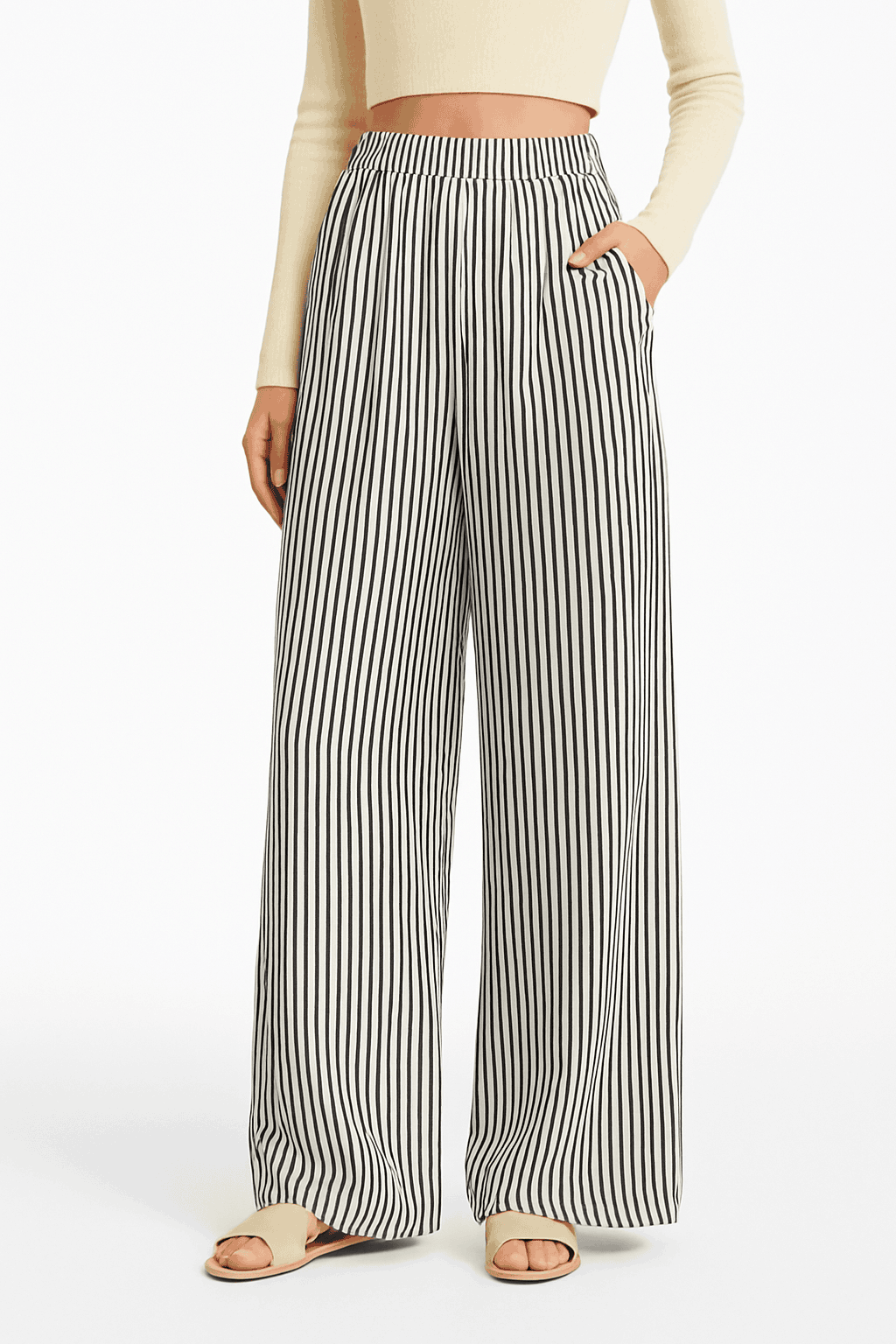Women’s Striped Wide Leg Pants with Elastic Waist for Easy Summer Style-blue / M / China Mainland