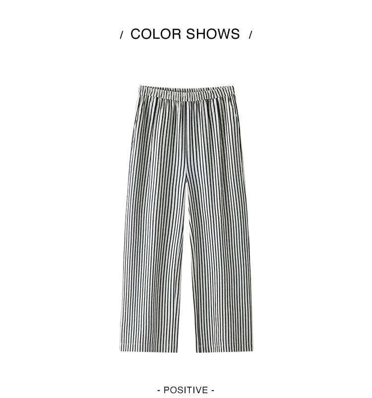 Women’s Striped Wide Leg Pants with Elastic Waist for Easy Summer Style-blue / M / China Mainland