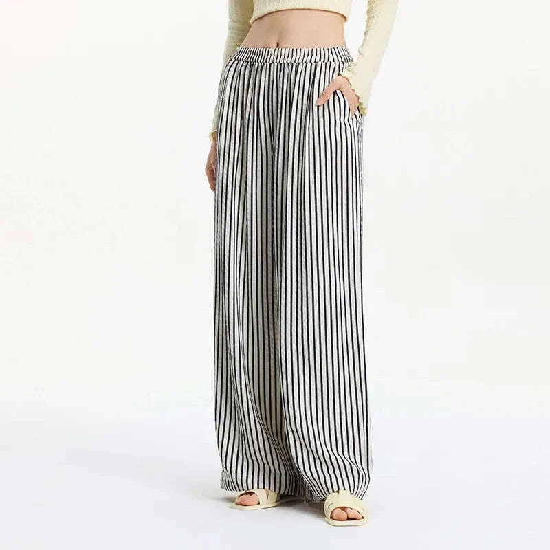 Women’s Striped Wide Leg Pants with Elastic Waist for Easy Summer Style-blue / M / China Mainland