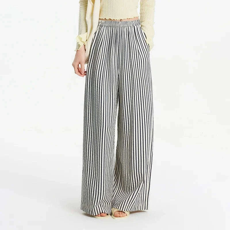 Women’s Striped Wide Leg Pants with Elastic Waist for Easy Summer Style-blue / M / China Mainland