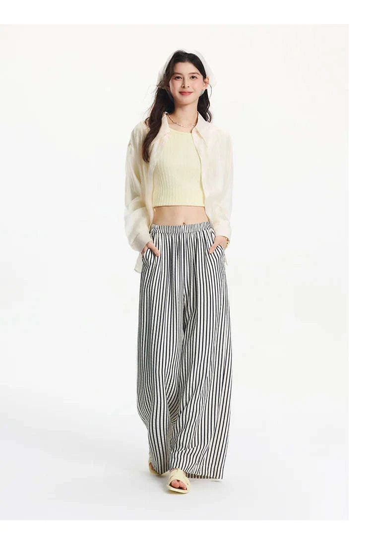 Women’s Striped Wide Leg Pants with Elastic Waist for Easy Summer Style-blue / XXL / China Mainland