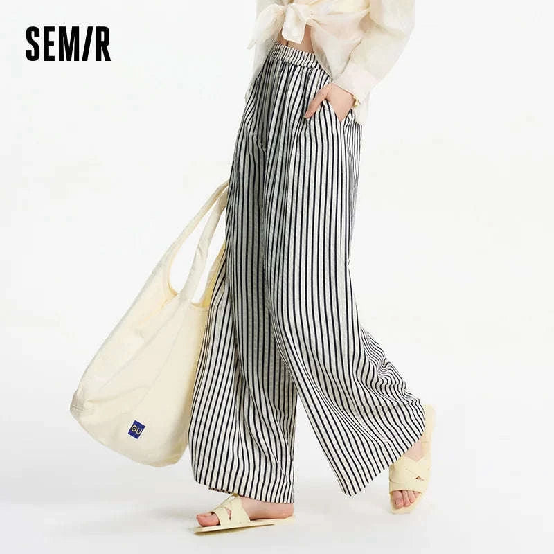 Women’s Striped Wide Leg Pants with Elastic Waist for Easy Summer Style-blue / XXL / China Mainland