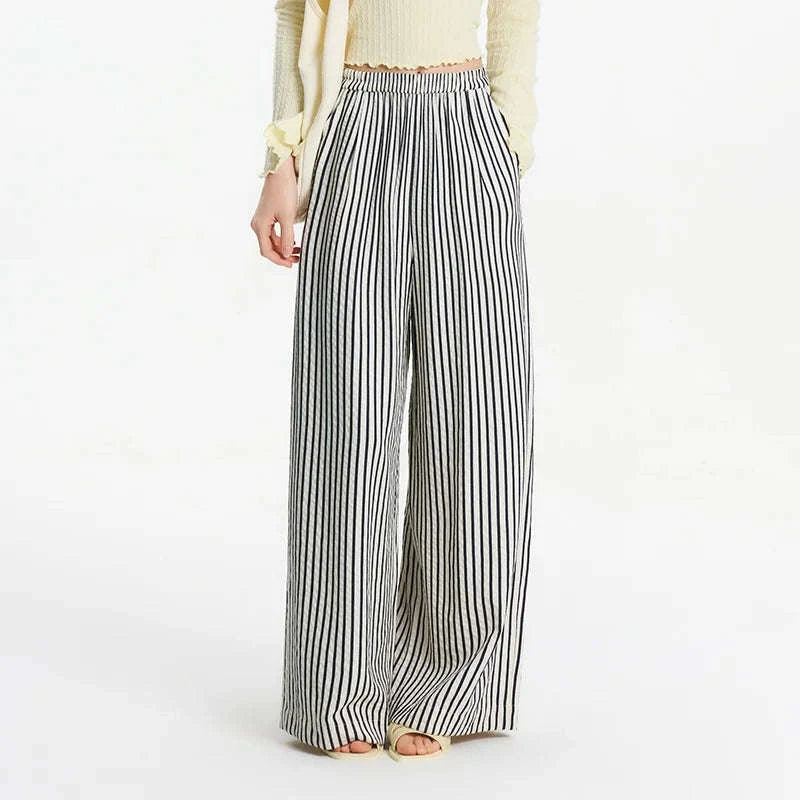 Women’s Striped Wide Leg Pants with Elastic Waist for Easy Summer Style-blue / XXL / China Mainland