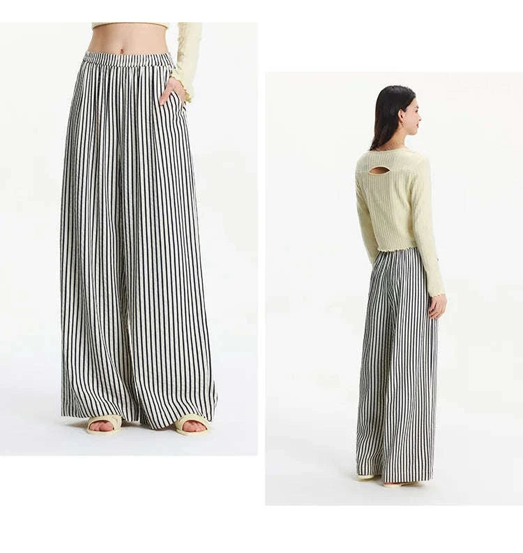 Women’s Striped Wide Leg Pants with Elastic Waist for Easy Summer Style-blue / XXL / China Mainland