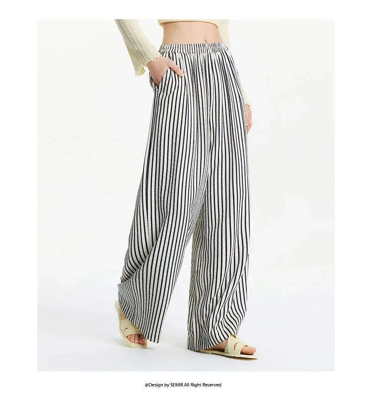 Women’s Striped Wide Leg Pants with Elastic Waist for Easy Summer Style-blue / XXL / China Mainland