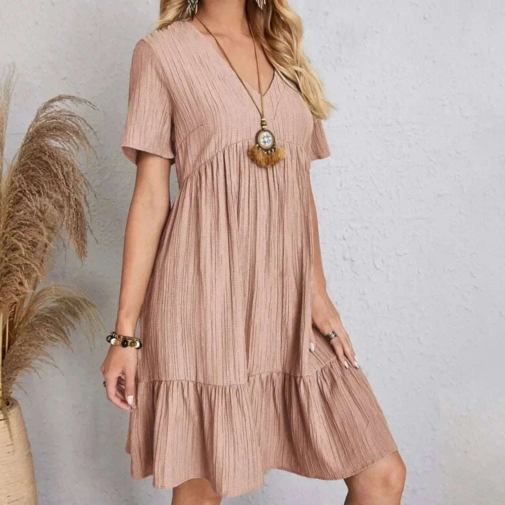 Women’s Summer Peplum Dress with V-Neck and Ruffle Hem-S / green
