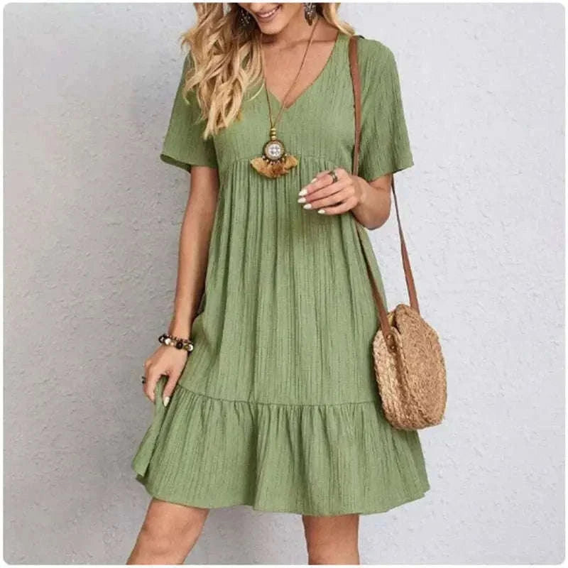 Women’s Summer Peplum Dress with V-Neck and Ruffle Hem-S / green