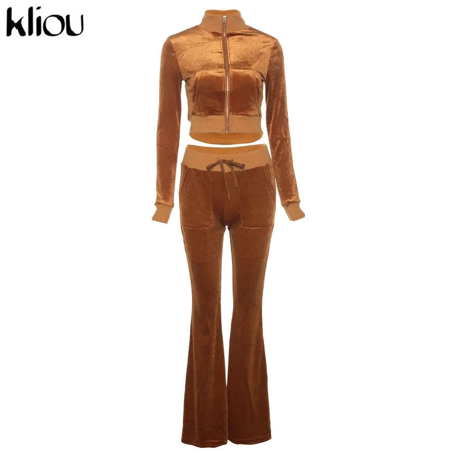 Women’s Velour Zip Top & Wide Leg Pants Two-Piece Set-Pink / M
