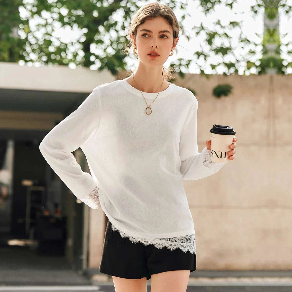 Women's White Cotton Long Sleeve Lace Crewneck Loose T-Shirt-White T-shirt / XL