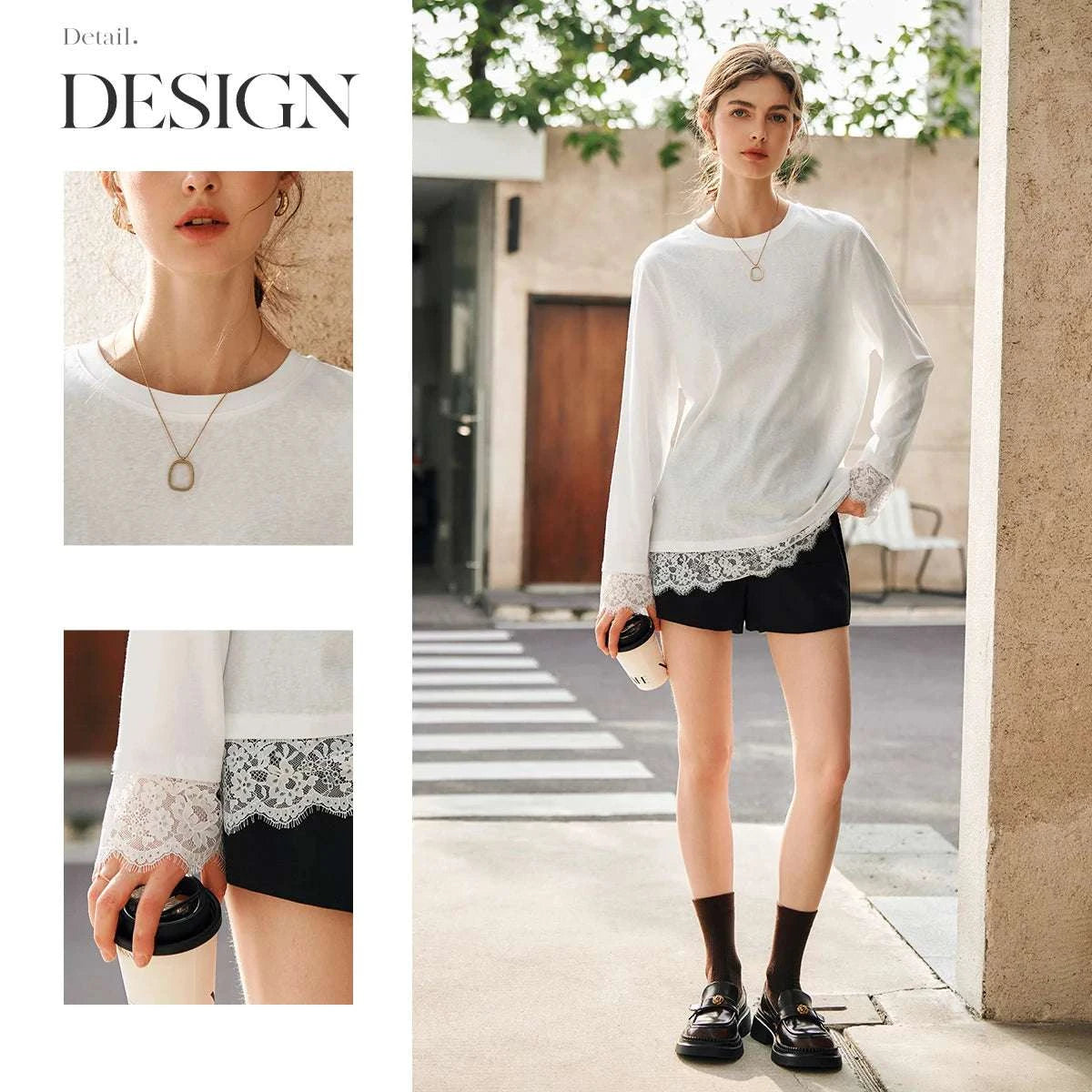 Women's White Cotton Long Sleeve Lace Crewneck Loose T-Shirt-White T-shirt / XL