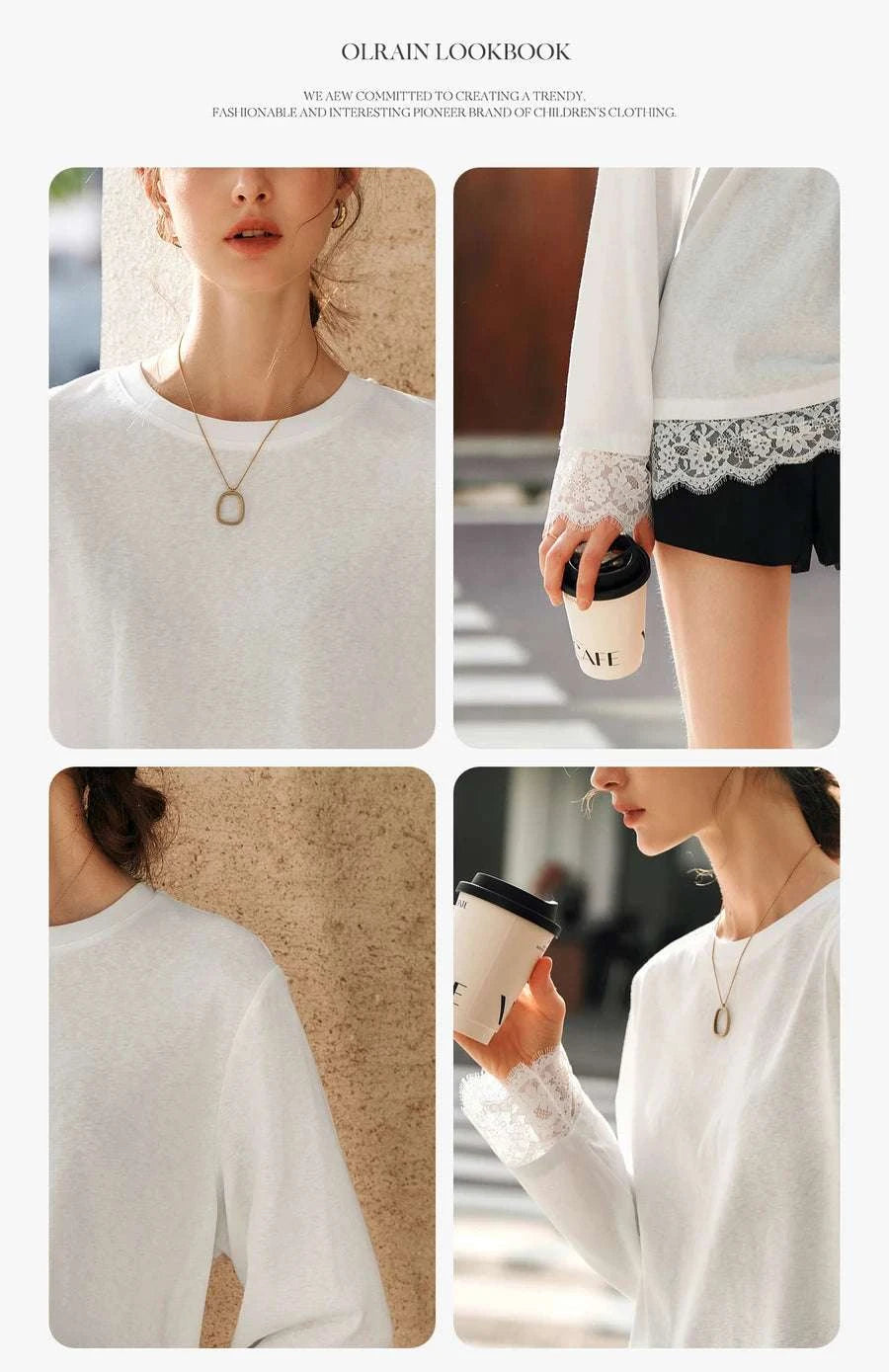 Women's White Cotton Long Sleeve Lace Crewneck Loose T-Shirt-White T-shirt / XL